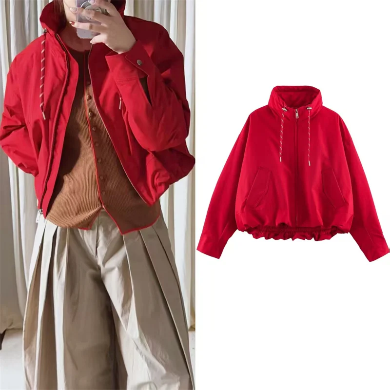 Guobioziy Women's Jacket 2026 Fall New Red Long-Sleeve Stand Collar Simple Loose Jacket Parka Cotton Coat Stylish and Trendy