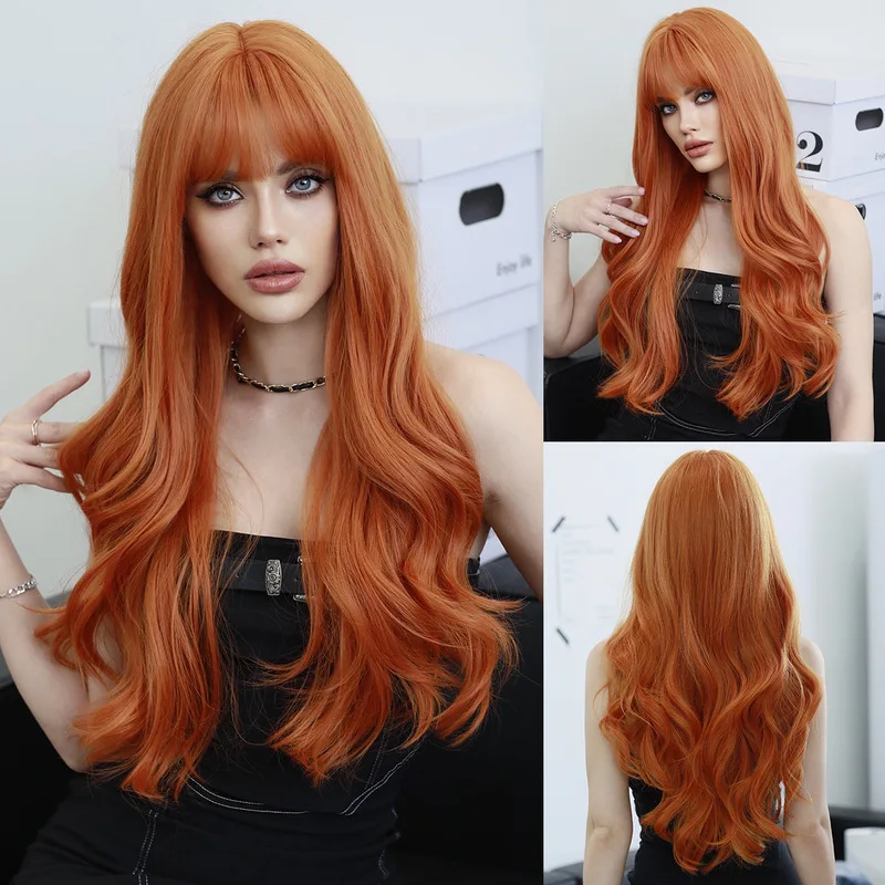 European and American style ginger-colored women's wavy long curly wig with air bangs suitable bloggers to wear for Christm