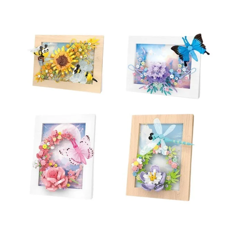 

Креативная сборка строительных блоков, цветы из микрочастикулы, серия фоторамок с насекомыми, декоративные подарки