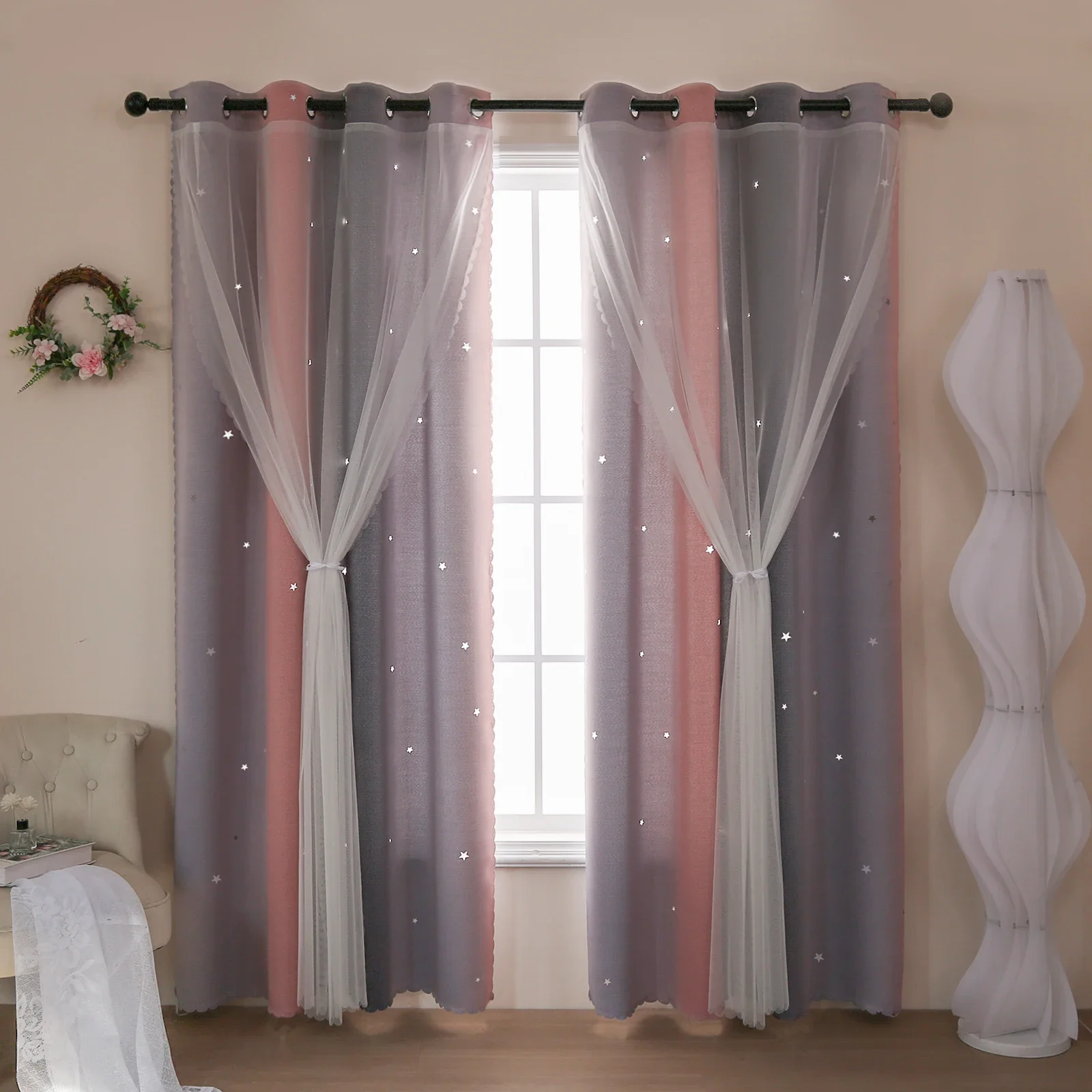 Grey and Pink Gradient Hollow Out Stars Perforated Curtains, Girls Bedroom Living Room Semi-Blackout Decorative Curtains