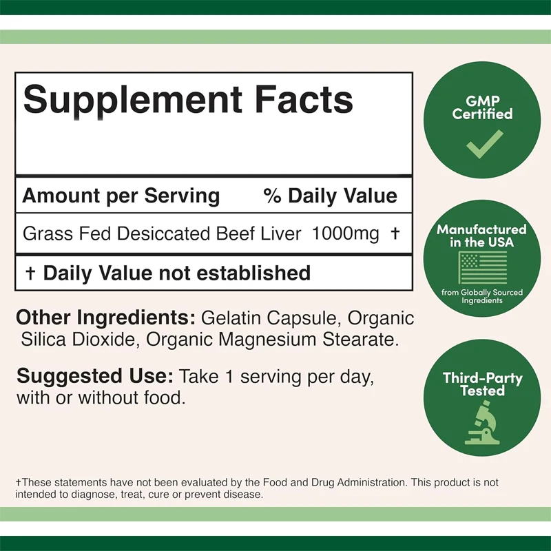 Las cápsulas de hígado de ternera contienen 1000 miligramos de suplementos de hígado de ternera alimentados por hierba, utilizadas para la salud digestiva, inmunitaria y energética.