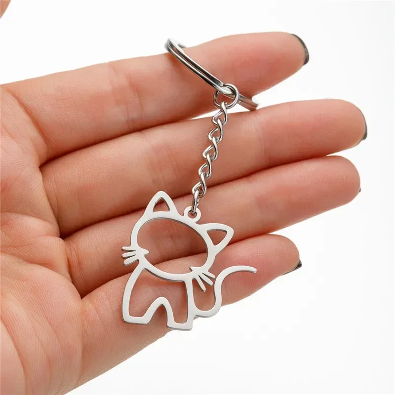 1PC New Stainless Steel Cute Cartoon Hollow Cat Pendant Keychain