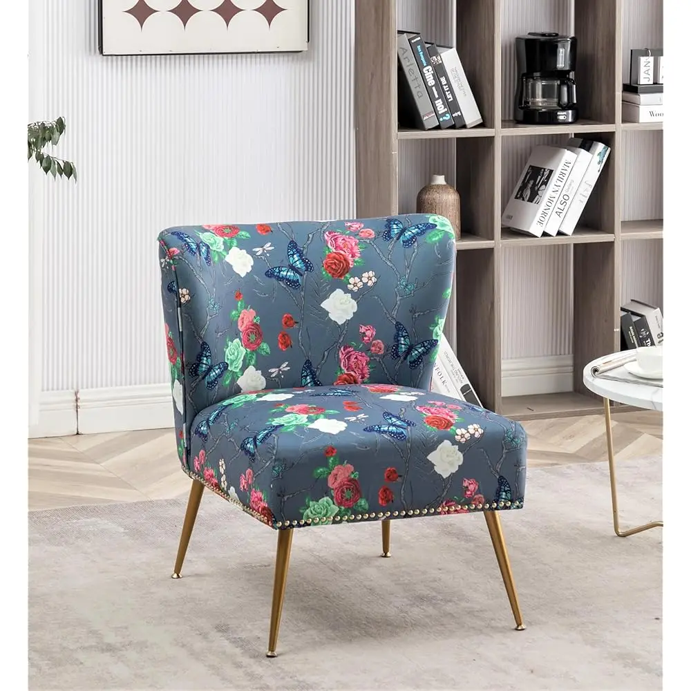 

Free ShippingThia Armless Accent Chair for Living Room, Elegant Seat with Nailhead Trim, Gold Metal Legs and Comfortable Curved