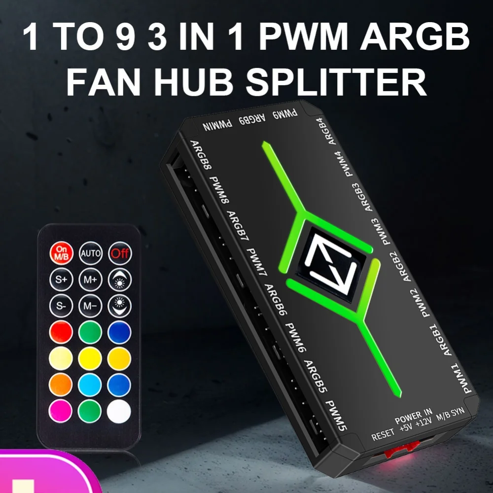 1 To 9 Ports 3 in 1 5V 3 Pin ARGB Controller Cooling Fan Hub with Remote 4 Pin PWM Magnetic Suction Hub for Computer PC Case Fan