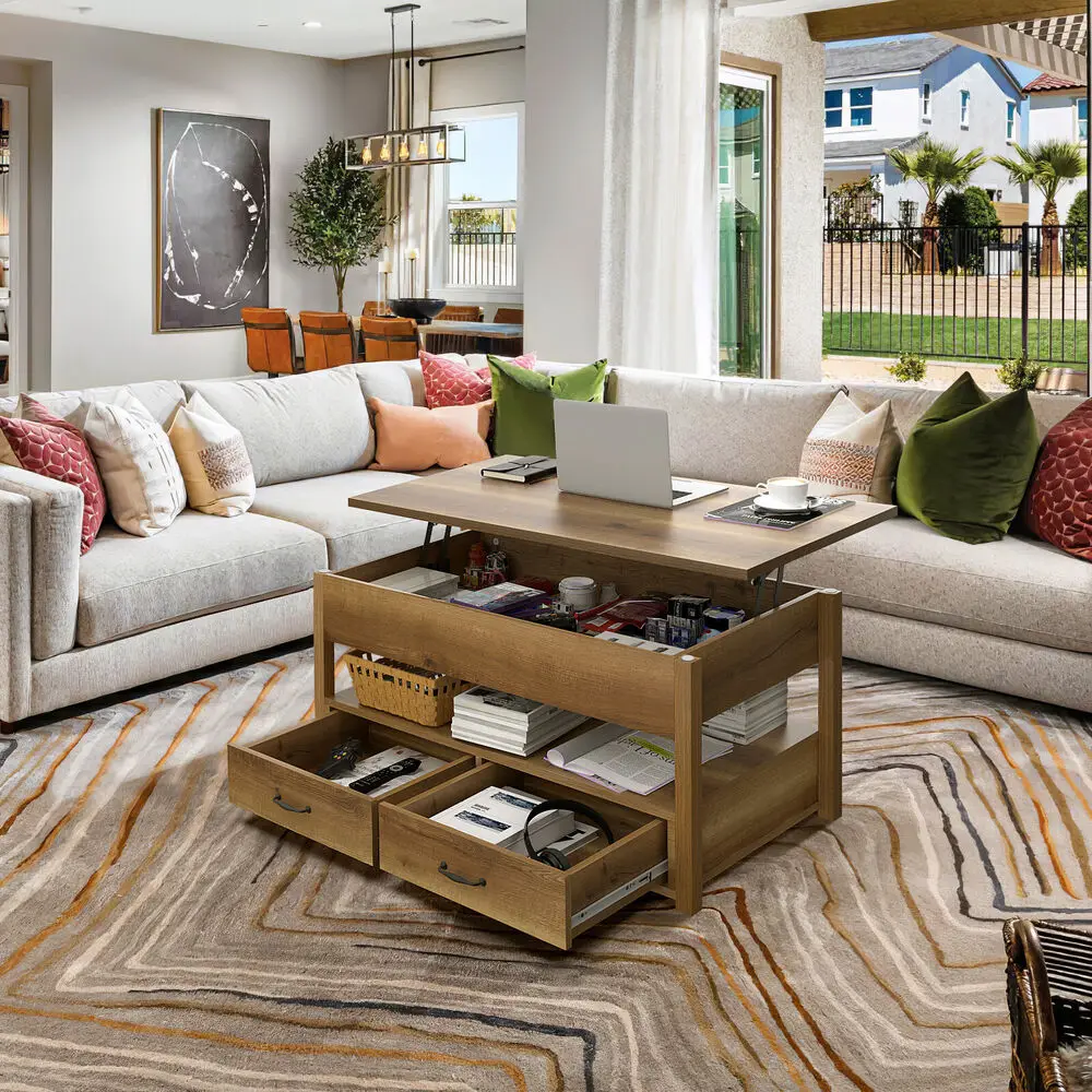 2 Drawer Lift Top Coffee Table Wooden with Hidden Compartment & Storage Shelves