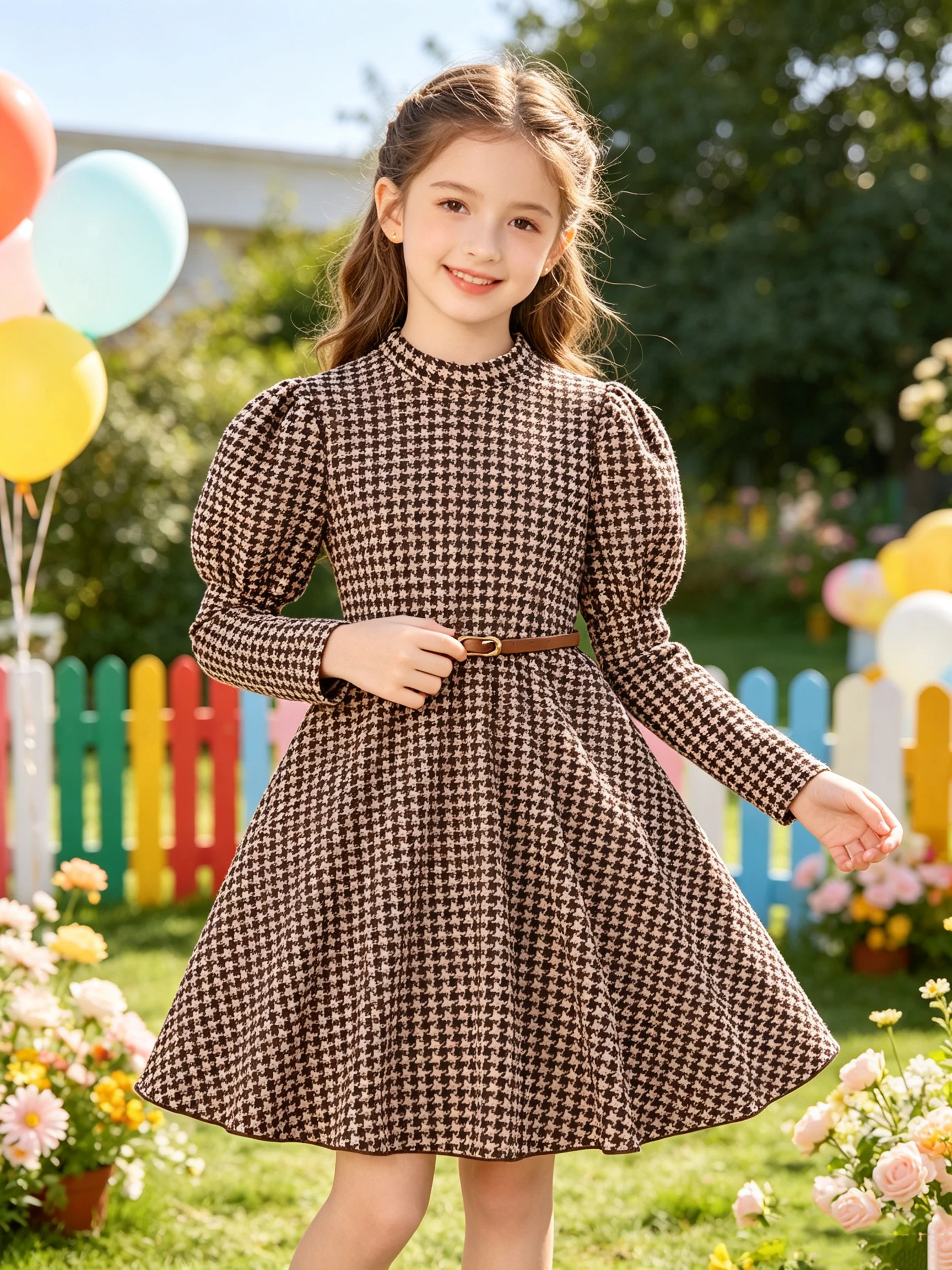Kids Houndstooth Skirt Casual Elegant round Neck Long Sleeve Waist Tied Autumn Winter Mid-Length Dress for Girls