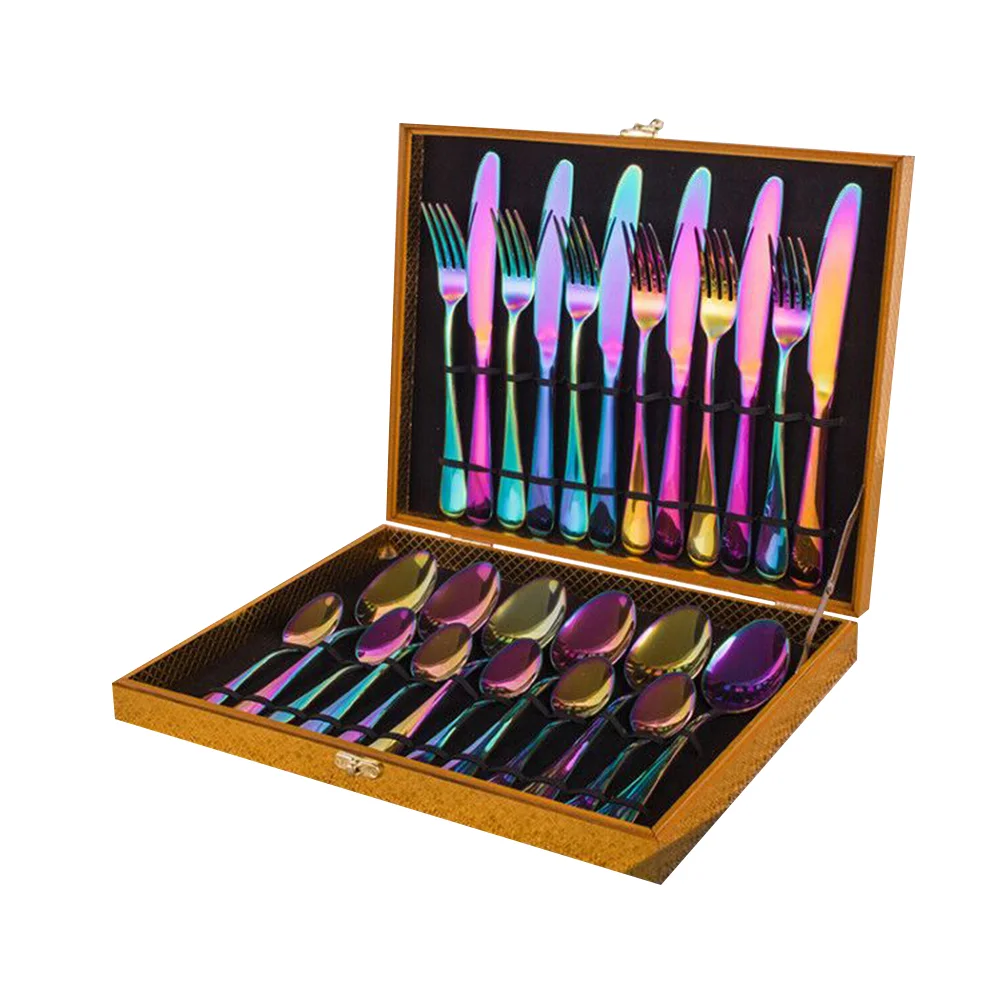 

24 in 1 Stainless Steel Tableware Set Spoon Fork Cutlery Wooden Box Western Dinnerware Supplies (Colorful)