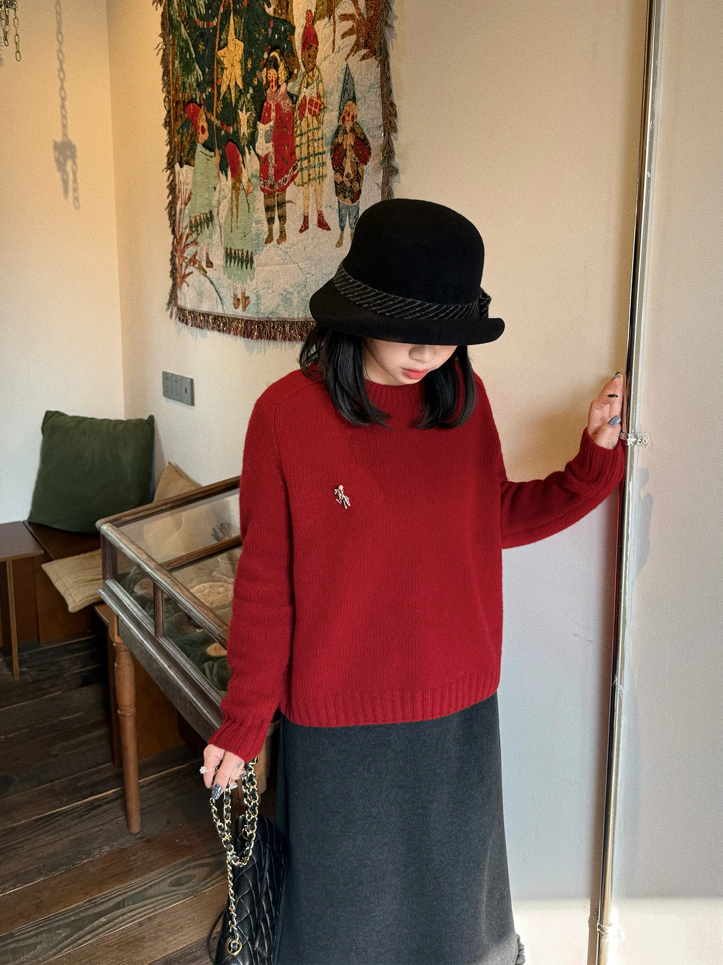 

Thiened Classic Collar Full Wool Sweater New Year's Hymn Earth Women's Knitted Long Sve Casual Warm round Ne Sweater