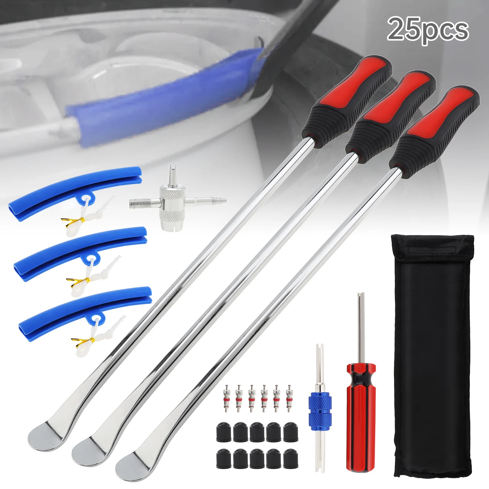 

25pcs Pry Bar Tire Spoon Heavy Duty Tire Replacement Kit for Car / Motorcycle / Bicycle with 1 Storage Bag