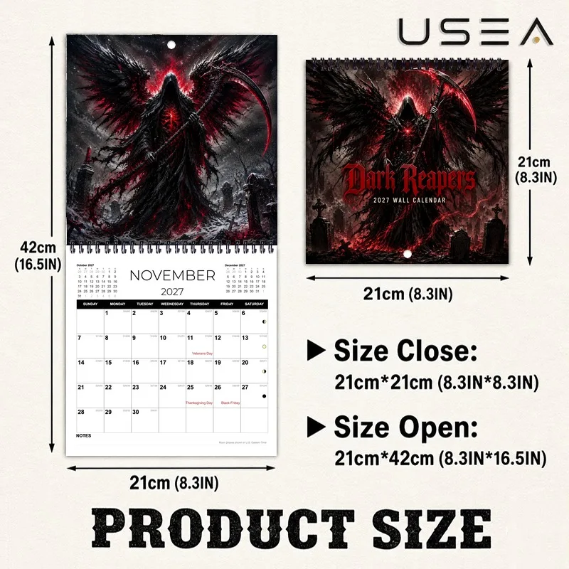 2027 Wall Calendar, Dark Reapers, Twin Wire Spiral Binding, Habit Tracker, Time Management Journal, Christmas Seasonal Gift
