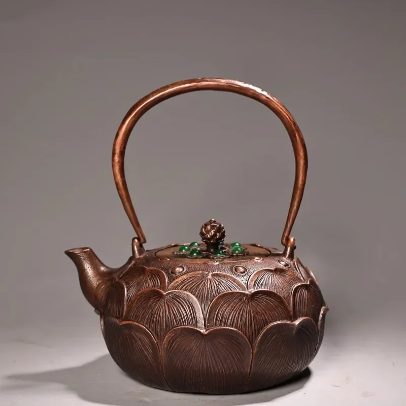 Vintage Copper Teapot with Gem Inlay Handmade Metal Kettle Ornament for Home Desktop Decor Unique Craft Gift Wholesale Bulk