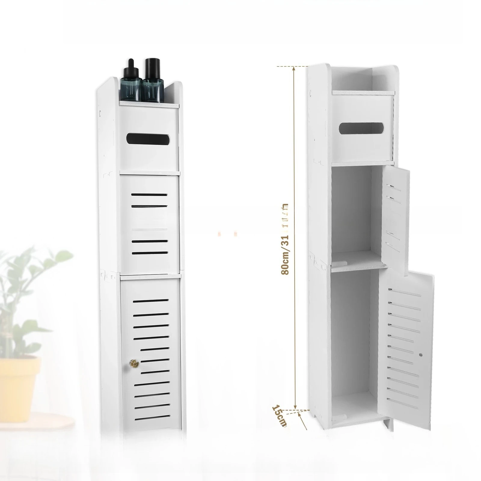 

Customizable Bathroom Storage 3 Tier Floor Cabinet Organizer with Door Free-Standing Toilet