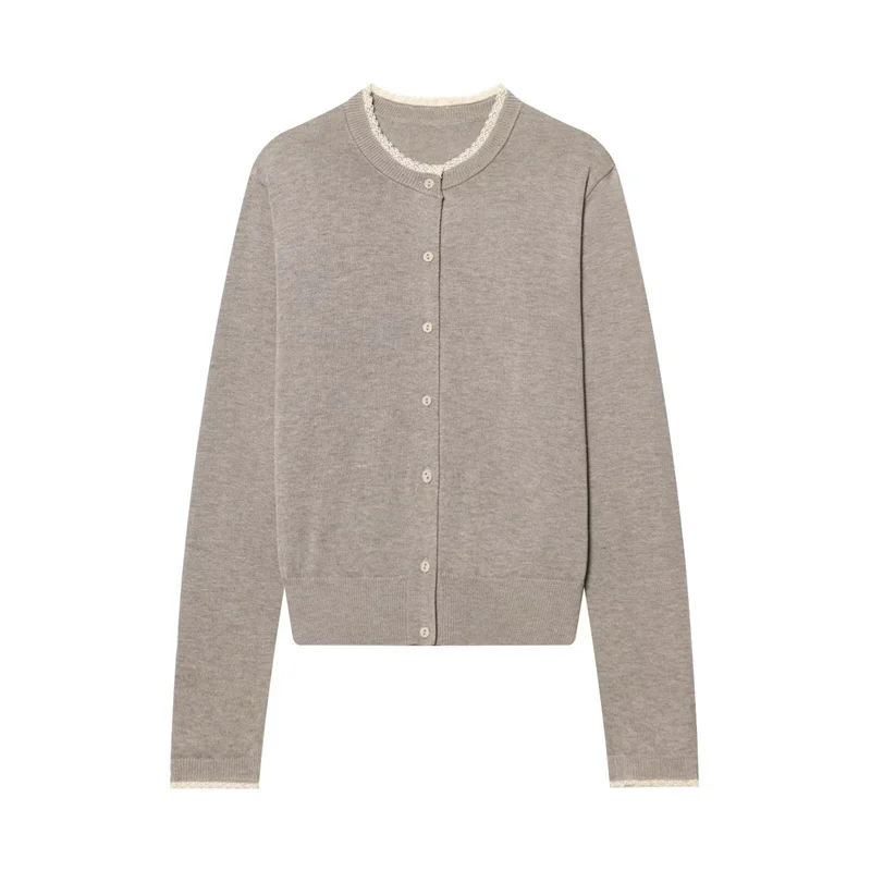 

Women's Jacket 2026 Spring New Style Khaki Long Sleeve Lace Patchwork Knitted Cardigan Casual Fashion Versatile