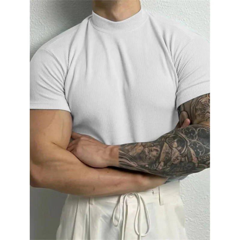 NEW spring summer Elastic Comfortable Men\'s T-shirt Small high collar stripe shirt short sleeve fitness top sport casual T-shirt