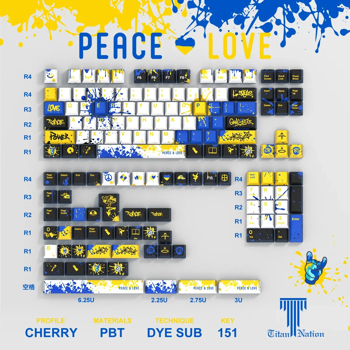 Titan Nation PEACE&LOVE Theme Keycaps Mechanical Keyboard PBT Keycaps Original Factory High Graffiti Style Gamer Pc Gaming