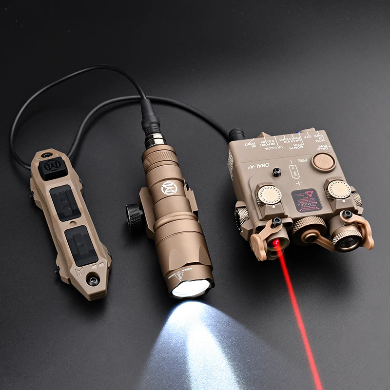 Taktyczna latarka DBAL Surefir M300 M600 DBAL A2 pełna funkcja czerwona zielona niebieska IR lampa stroboskopowa podwójny przełącznik sterowania pasuje do szyny 20MM