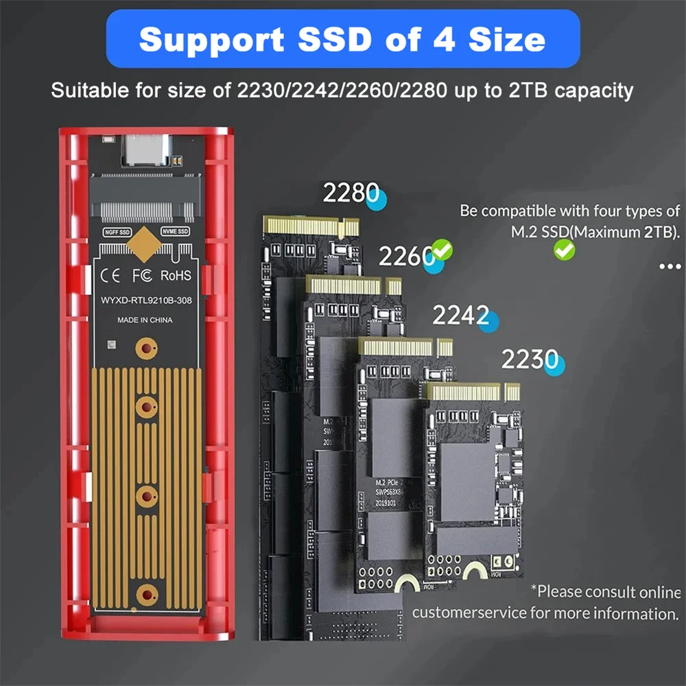 M2 NVMe SSD Case 10Gbps SSD External Box M.2 NGFF Sata SSD to USB 3.1 Enclosure Type-C Cable for M 2 SSD Supports M/B/B&M Keys