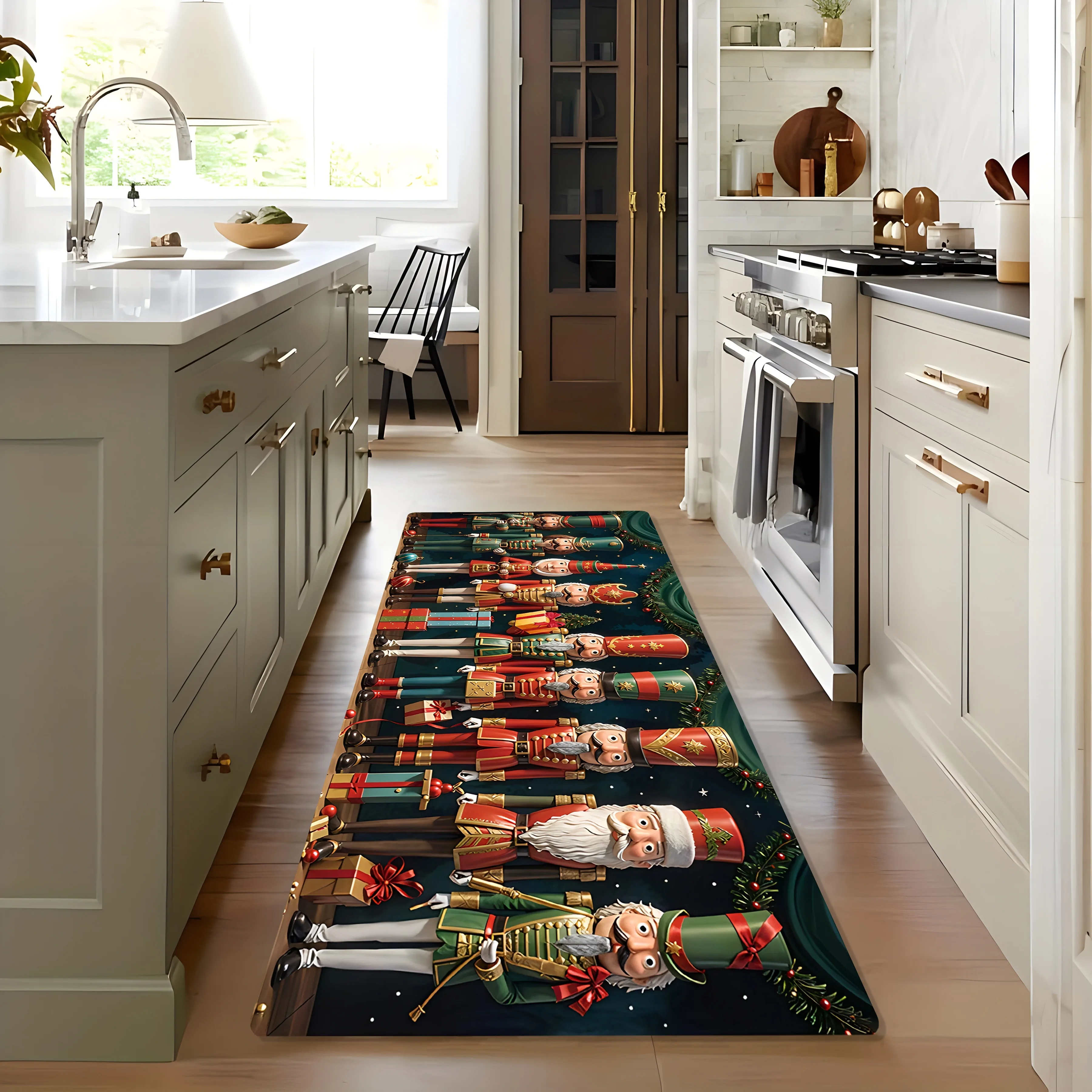 A Premium Polyester Rug Featuring a Christmas-Themed Nutcracker Soldier Design, Suitable for The Kitchen. It Is Non-Slip And W
