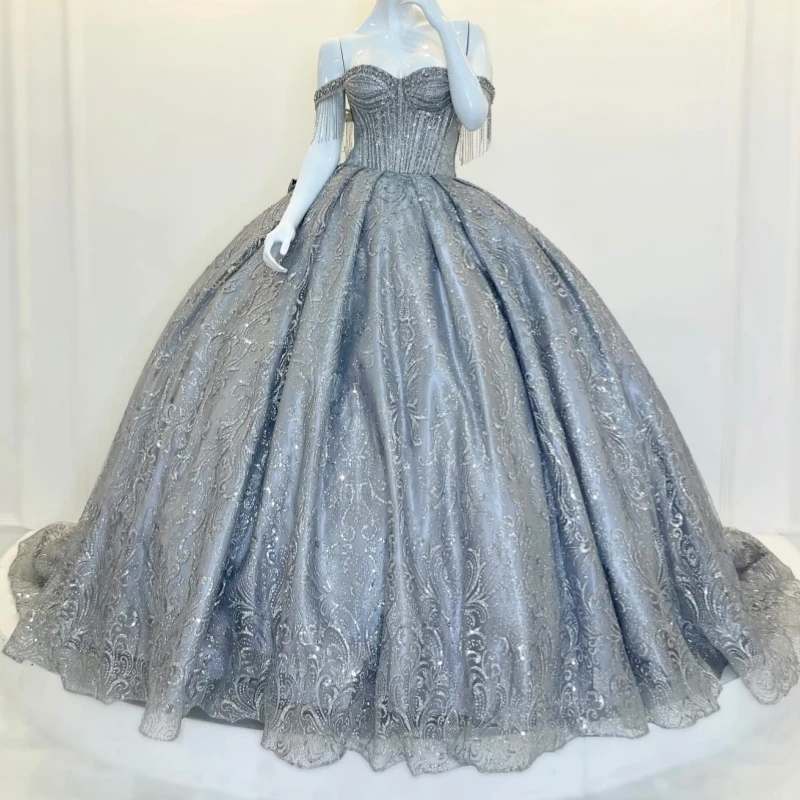 

Silvery Shiny Princess Sweet 16 Dress Quinceanera Dresses Applique Lace Beading Crystal Bow Tull Party Birthday Vestidos 15 De