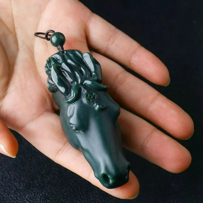 Natural Xinjiang Hotan Black Cyan Jade Exquisite Hand-carved Zodiac Horse Head Fashionable Men's and Women's Accessories Gifts