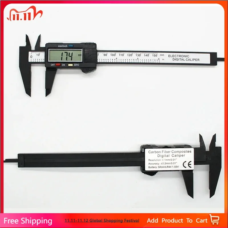 

150mm Plastic Vernier Caliper 6 inch LCD Screen Electronic Digital Caliper Carbon Fiber Millimeter Conversion Calipers Black