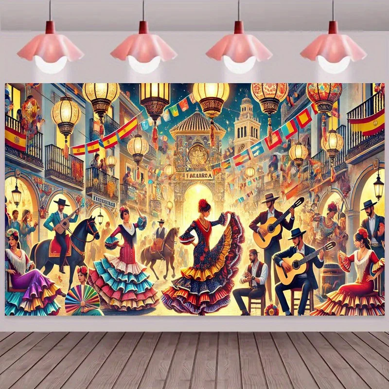 Banner de fiesta con patrón de festival español, actividades interiores y exteriores, habitación, jardín, fondo de diseño para eventos de fiesta