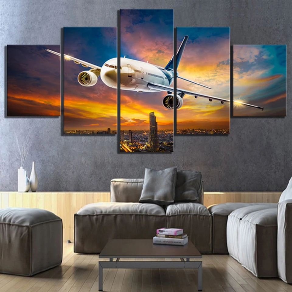 

5 Piece Diamond Painting Airplane 5D DIY Square Round full Diamond Embroidery Kit Sunset Backlight for pictures Lawn Wall Art