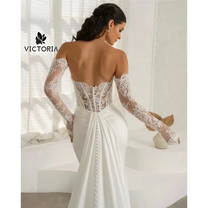 Customized Satin White Appliques Wedding Dresses long sleeves glitter fishtail Lace decal Gowns Made wedding Vestidos de Novia
