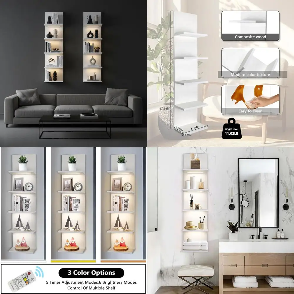 

5-Tier Wall Shelving Unit in White with LED Lighting for Bedroom, Office, and Bathroom Vanity Spaces