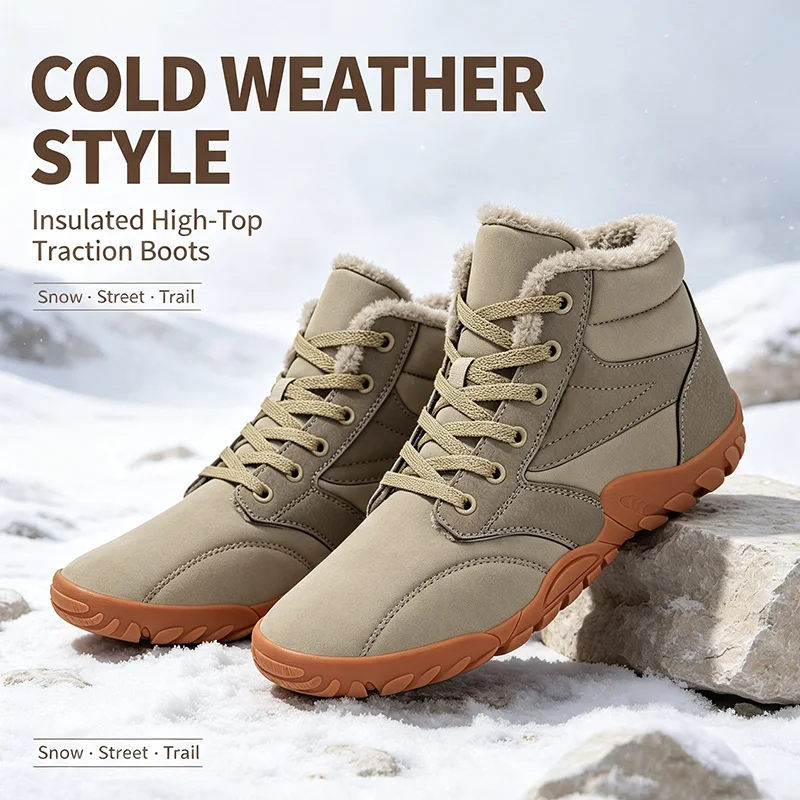 Men's High Top Winter Snow Boots Warm Fleece Lined Non Slip Rubber Sole Outdoor Hiking Casual Walking Cold Weather Ankle Boots
