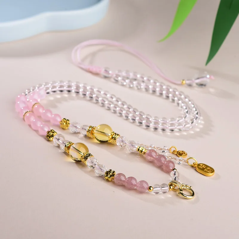 Strawberry Quartz Crystal Bead Necklace Pink Agate Pendant Rope Quick Release Clasp Sweet Simple Universal Chain Gifts