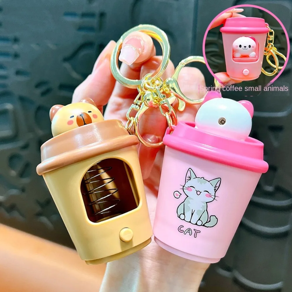 Bounce Cat Milk Tea Cup Keychain Luminescence Key Decor Capybara Pendant Bag Hanging Toys Cartoon Animals Dolls