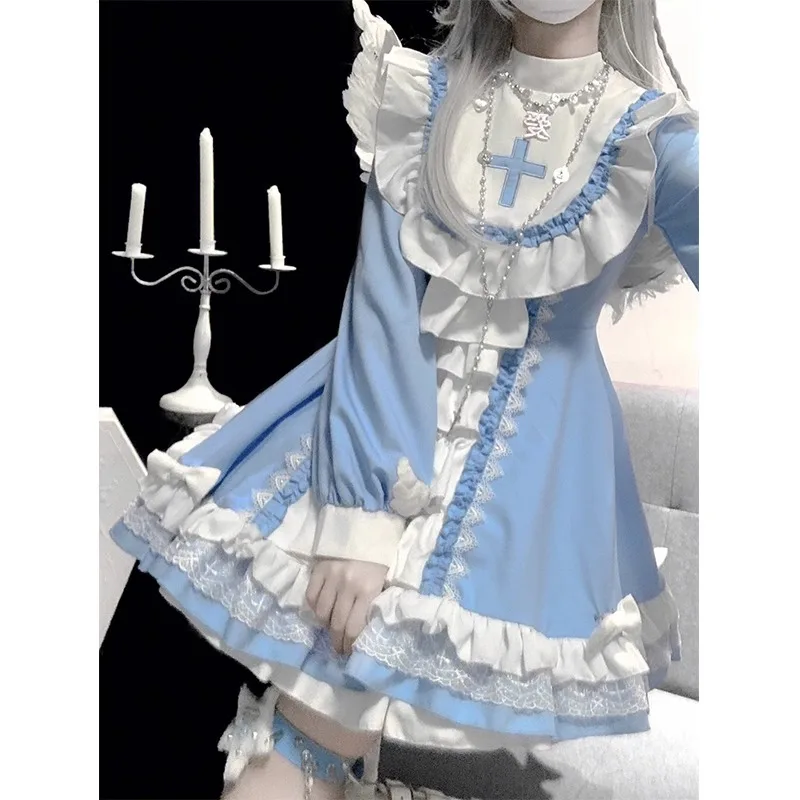 

Gothic Nun Style Lolita Blue and White Dress Cute Daily