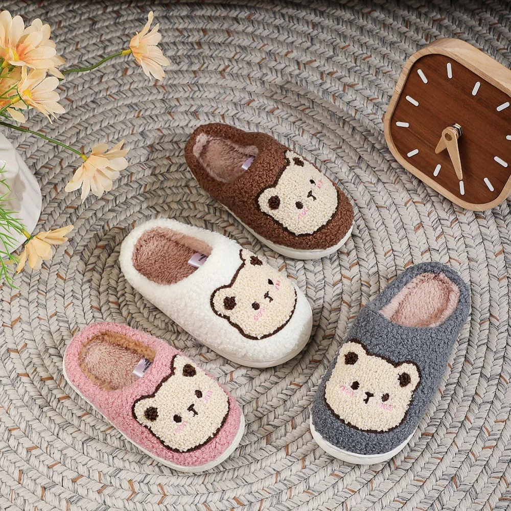 Kids'Slippers Plush Cartoon Fluffy Suede Winter Shoes For Children Anti-slip Thick Bottom Home Slipper White Pink Size 24-35