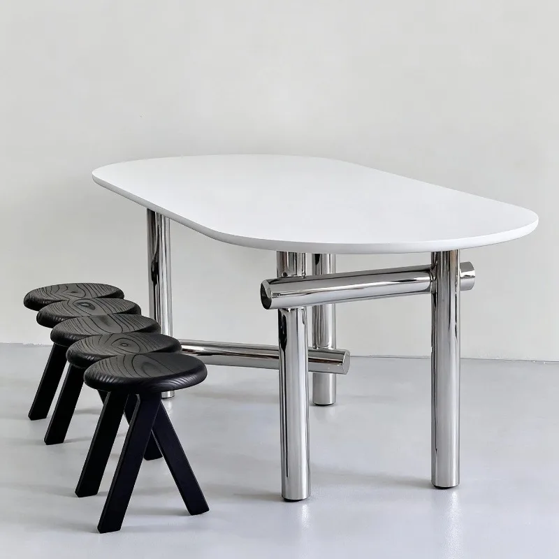 French high-end Bauhaus desk, medieval designer stainless steel minimalist negotiation table, oval desk