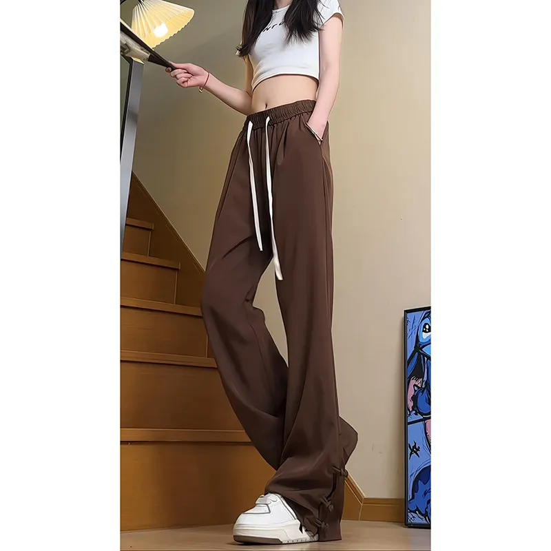 

Cleanfit Ice Silk Men's Summer Thin Pants Brown Loose Leggings Belted Traditional Chinese Button Casual Trousers Breathable