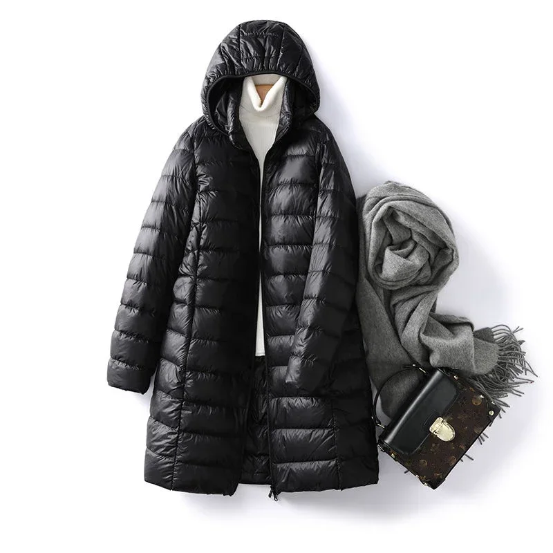 Plus Size Hat Detachable Hooded Down Coat Winter Women Light Thin White Duck Down Jacket Parkas Ladies Long Warm Puffer Outwears