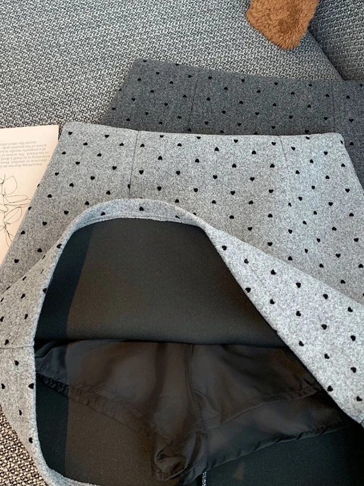 Zwart Hart Polka Dot Wol Kokerrok Dames Herfst Winter Hoge Taille Casual Slanke Koreaanse Korte Rokken Vrouw