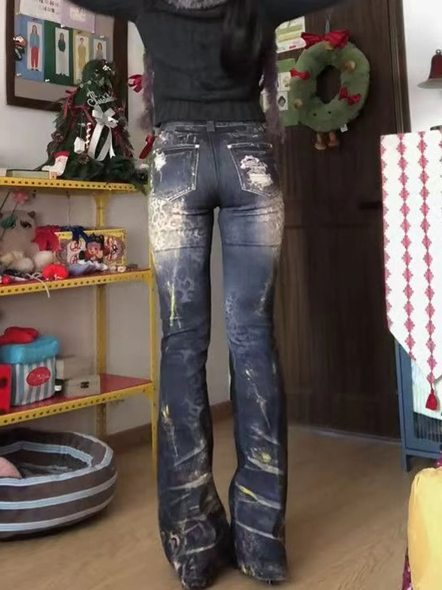 American Vibe High Waist Bell Bottom Denim Jeans Women's Slimming Long Pants Leopard Print Gold Stamp Trendy Millennium Girl