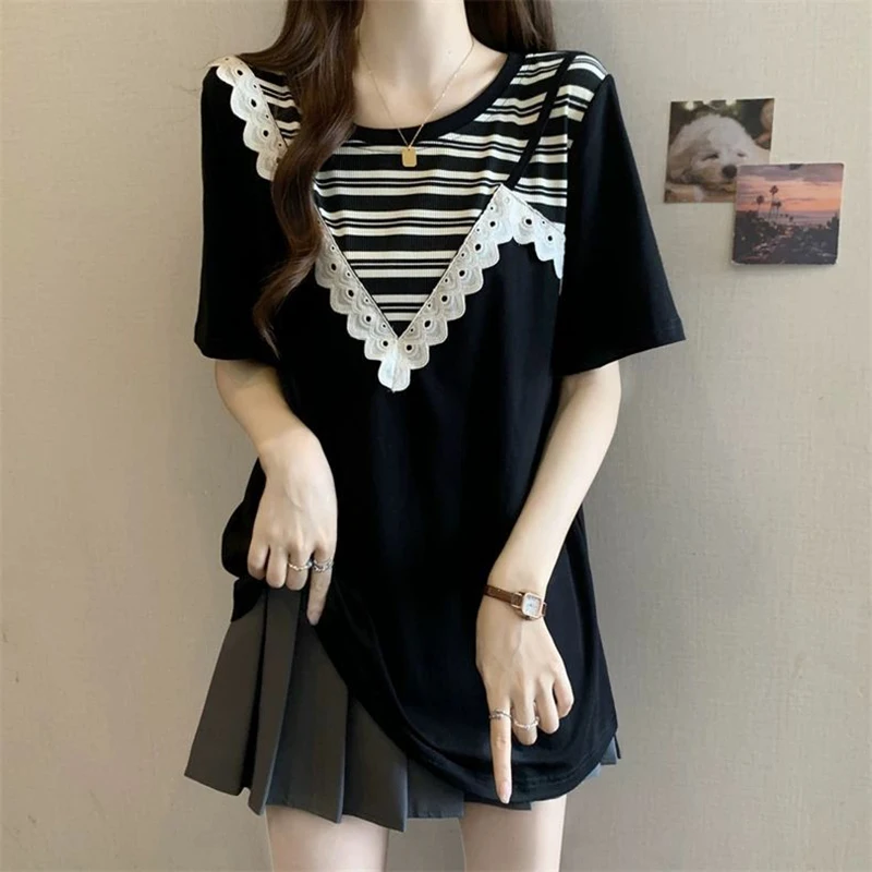 

Summer Fake Two Piece Women O Neck Short Sleeve T Shirts Striped Lace Slip Fashion Sweet All-match 2xl Oversized Clothing Black