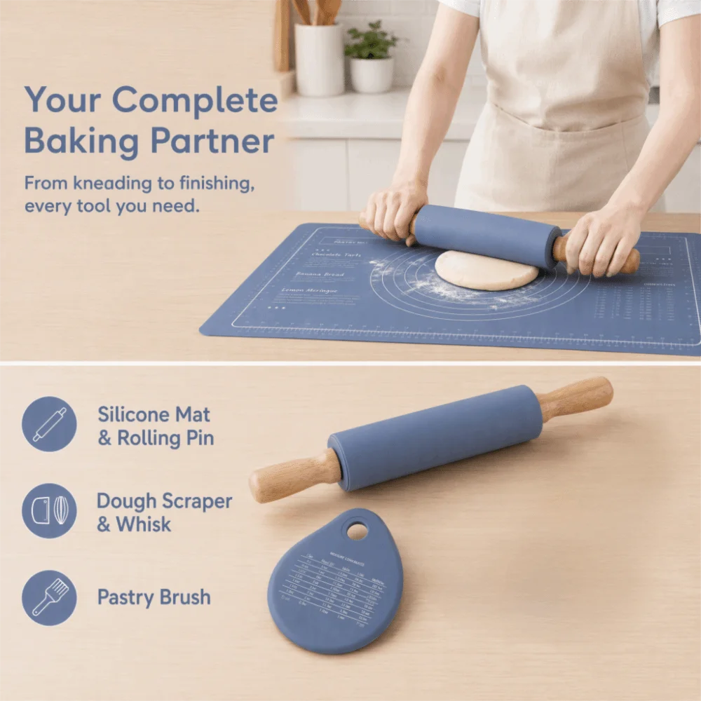 3pcs Food Grade Silicone Pastry Mat Rolling Pin Set Non Slip Measurement Marking Baking Mat Set Heat Resistant Thickened