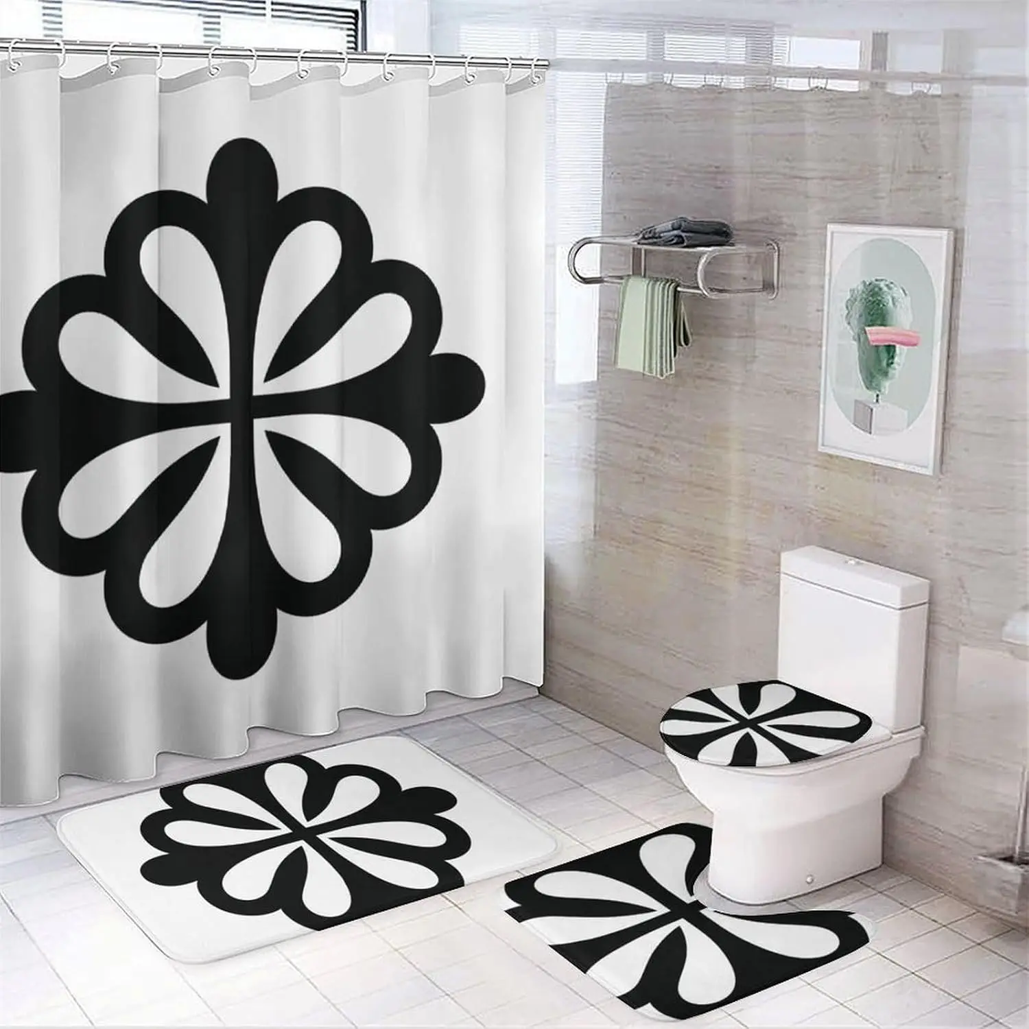 Bath Curtains Shower Set,Floral Pattern Printed on Shower Curtain and Bath Mat Set, Ideal for Bathroom Apartment RV College Dorm