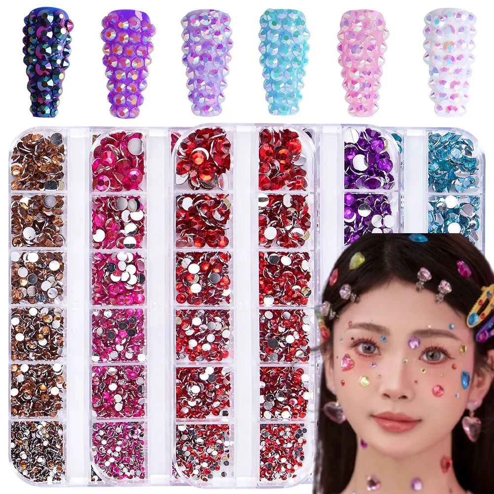 12Grids 3D FlatBback AB/White Nail Art Rhinestones 2-6mm Round Diamond Nails Charms for Party Face/Body/Eye/Manicure Gems Decor