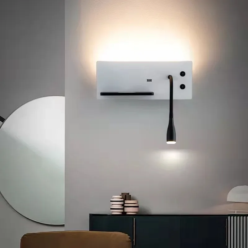 

LED Rechargeable Wall Lamp With Wireless Charger Reading Light With USB Charger Bedroom Hotel Creative Bedside Bed Lights