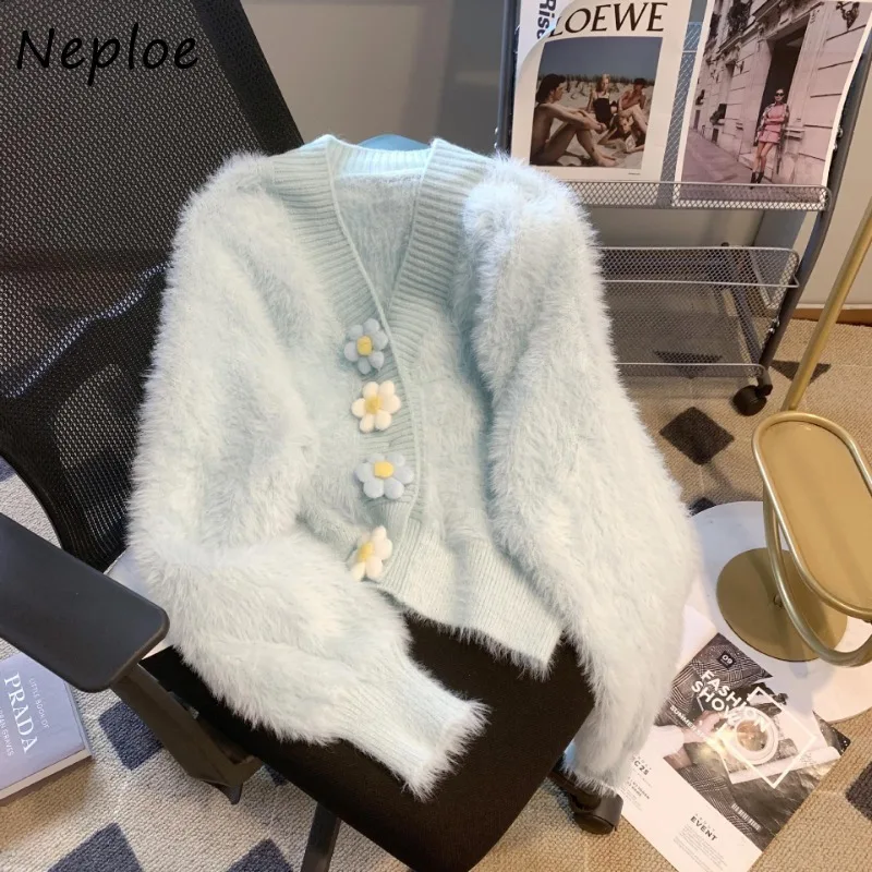 Neploe Korean 3d Flower Lazy Sweaters for Women 2024 Autumn Waterproof Mink Coats Mujer Y2k Long Sleeve Knitted Cardigan