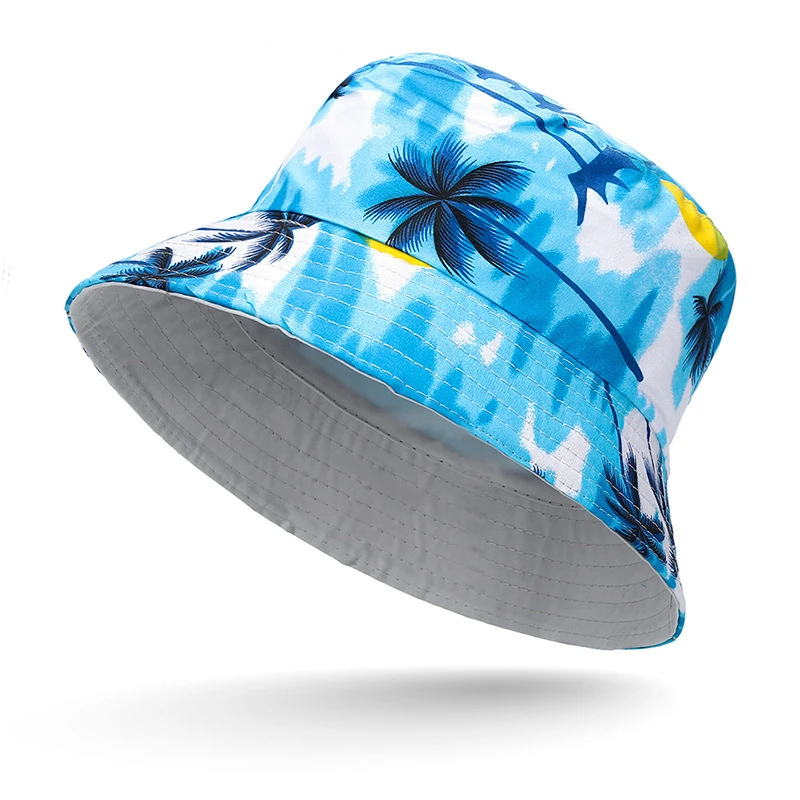 Summer Couple Coconut Tree Print Fisherman Cap Foldable Bucket Hat Outdoor Sunscreen Hat Caps Fashionable Double-sided Basin Hat