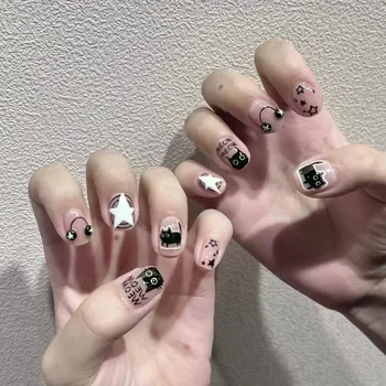 24 pçs preto curto ballet unhas falsas com cola de geléia design francês destacável unhas falsas arte coração cobertura completa imprensa na ponta das unhas