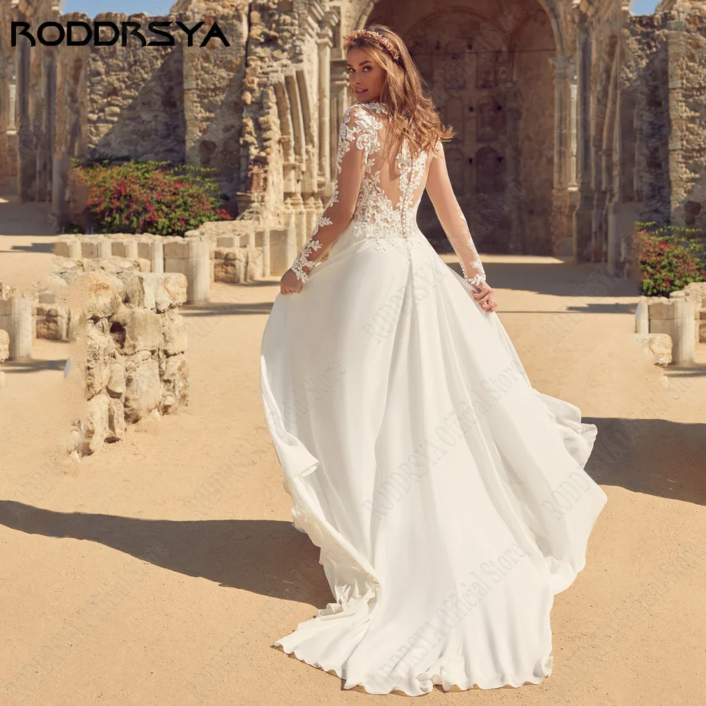 Roddrsya clásico vestido de novia de manga larga illsuion vestido de RODDRSYA vestido de novia clásico de manga larga, vestidos de novia con espalda descubierta, gasa de fiesta con abertura lateral, apliques de línea a