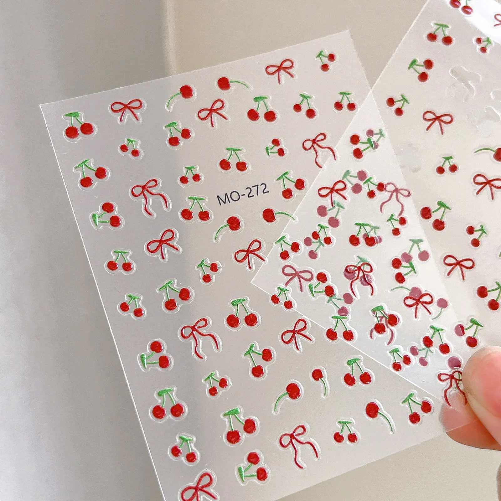 Kawaii Cherry Bow Nail Stickers 5D French Cute Red Bow Fruit Design Self Adhesive Decoration Nails Stickers DIY Nail Accessories