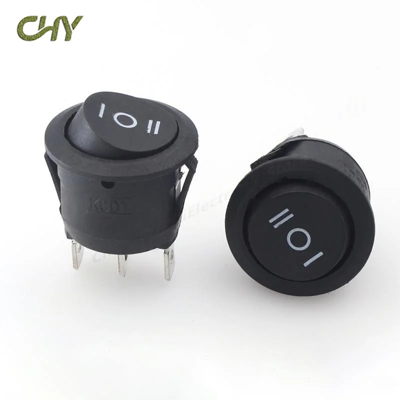 23mm Round Black 3 Pin 10A/125V 6A/250V AC 3 Position SPDT ON-OFF-ON Rocker Switch Snap-in